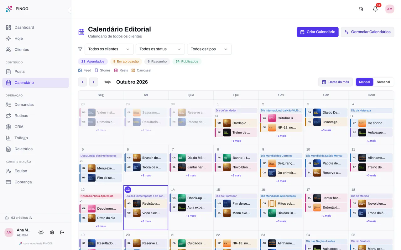 Calendário editorial de outubro com os posts de cada cliente e as datas comemorativas dentro de cada dia