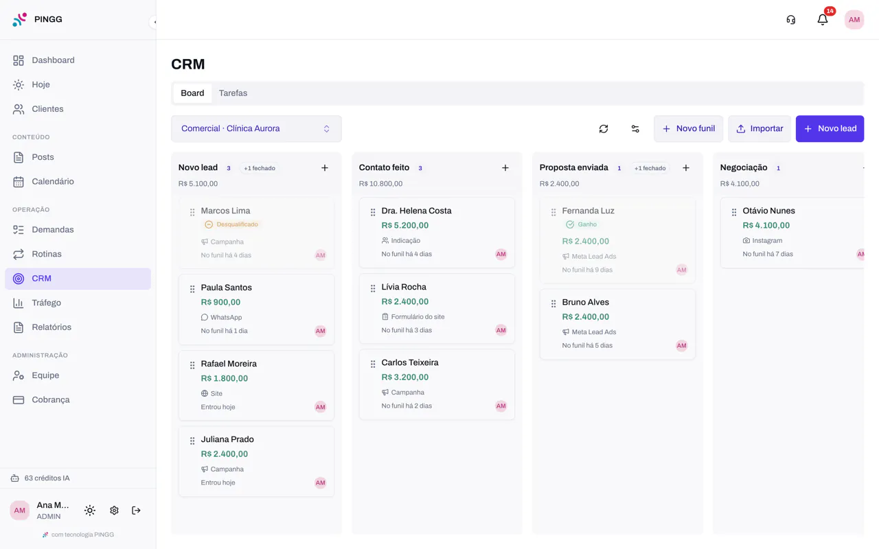 Funil do CRM da Clínica Aurora com os leads por etapa, o valor e a origem de cada um: campanha, WhatsApp, site ou Meta Lead Ads