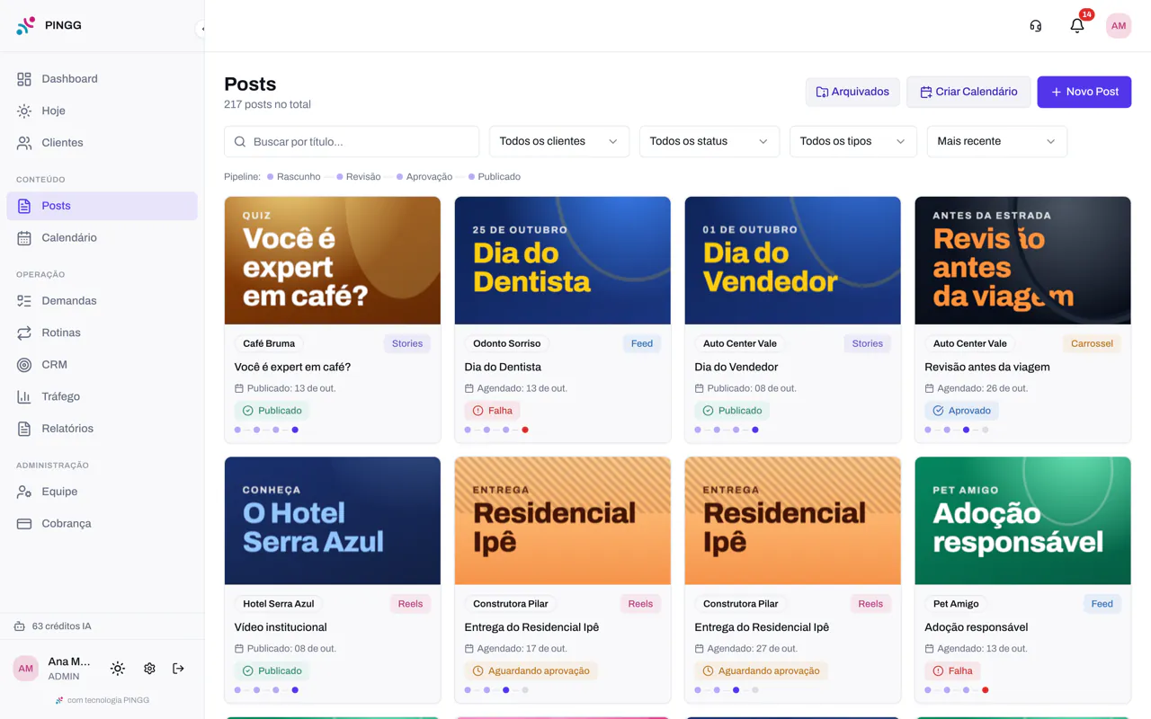 Lista de posts com a arte, o cliente, o tipo e a situação de cada um: publicado, aprovado, aguardando aprovação ou falha