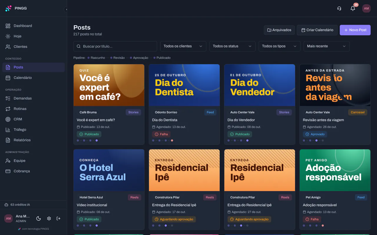 Lista de posts com a arte, o cliente, o tipo e a situação de cada um: publicado, aprovado, aguardando aprovação ou falha